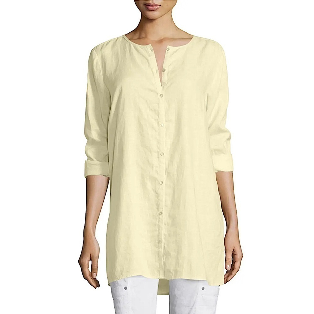 Eileen Fisher Organic Linen Long Button Down Tunic Boho Breathable Size M
